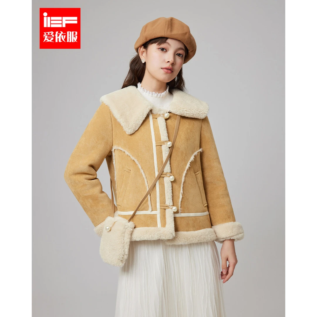 IEF/爱依服2024冬季新款宽松加绒加厚保暖大翻领减龄磨砂皮外套