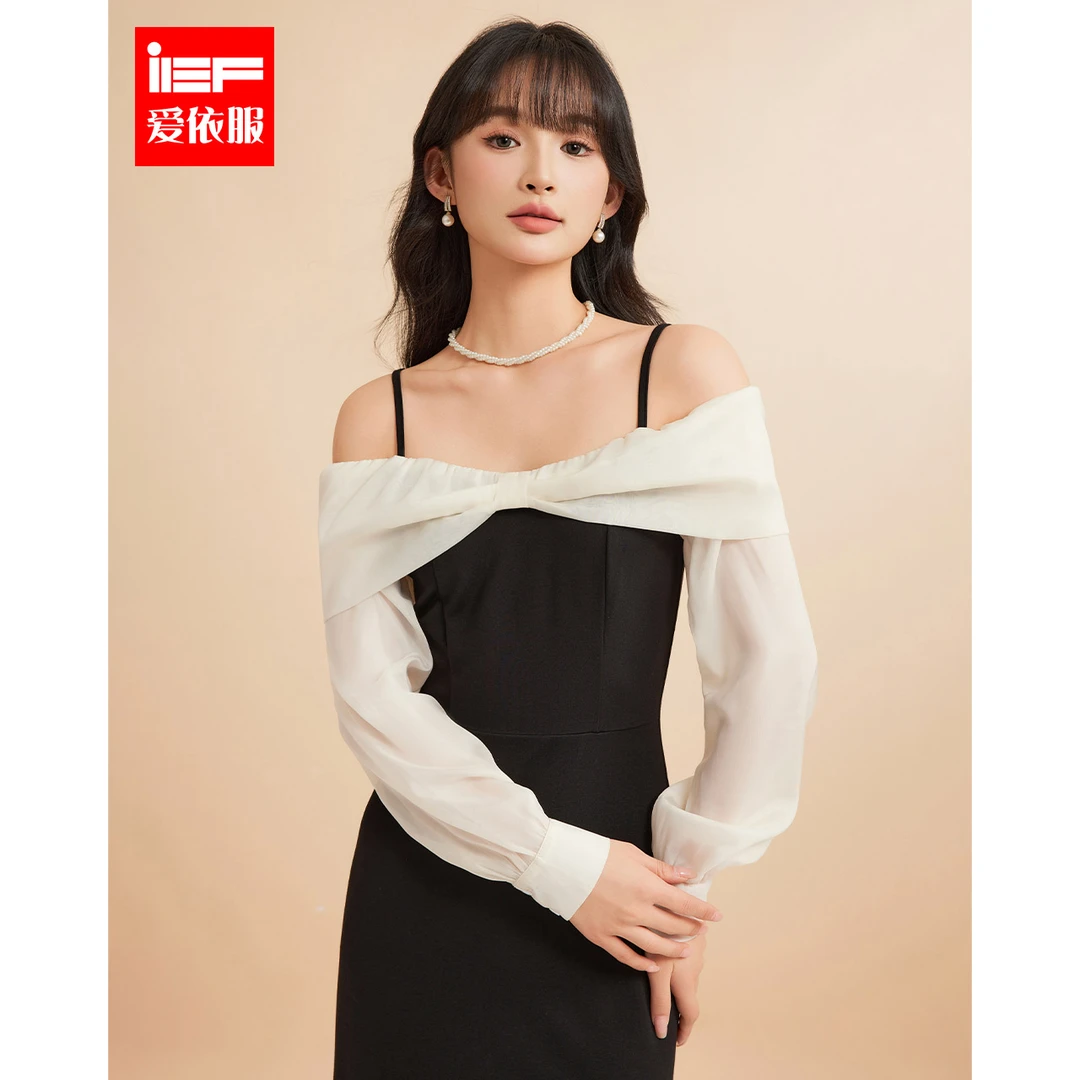IEF/爱依服2025秋季新款法式温柔风别致露肩设计感时尚连衣长裙
