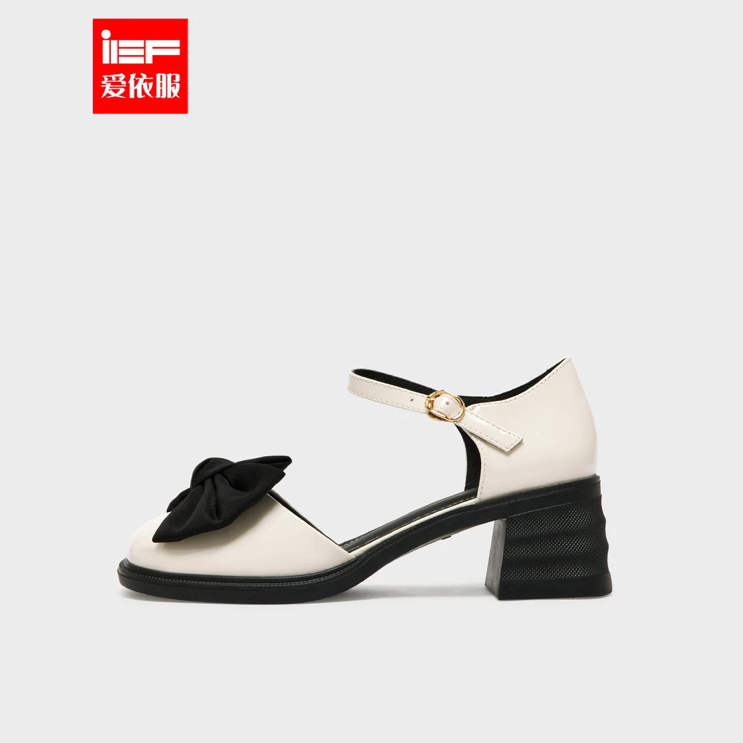 IEF/爱依服2024夏季新款法式学院风蝴蝶结一字带圆头粗跟玛丽珍鞋