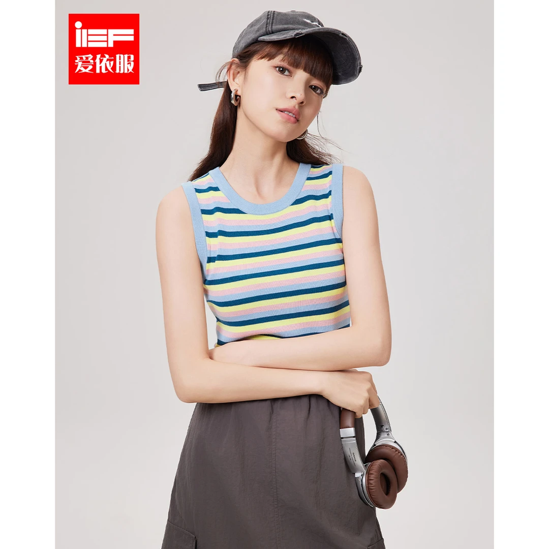IEF/爱依服2024夏季新款多巴胺撞色辣妹别致无袖时尚条纹上衣