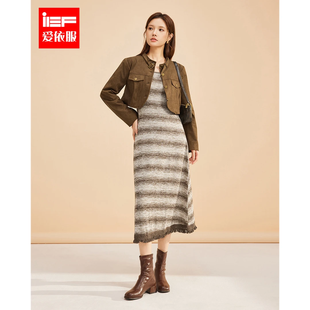 IEF/爱依服2025秋季新款时尚复古美德拉风显瘦磨砂皮里外套裙