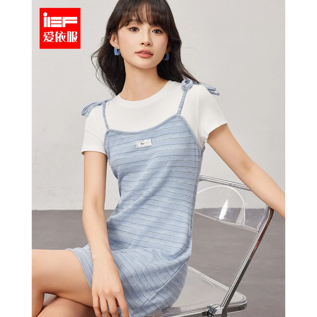 IEF/爱依服2024新款夏季韩版休闲纯欲假两件条纹显瘦百搭棉连衣裙