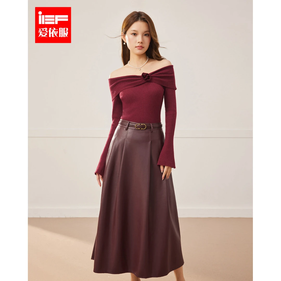 IEF/爱依服2025秋季新款套装法式温柔风一字肩时尚毛织上下套裙