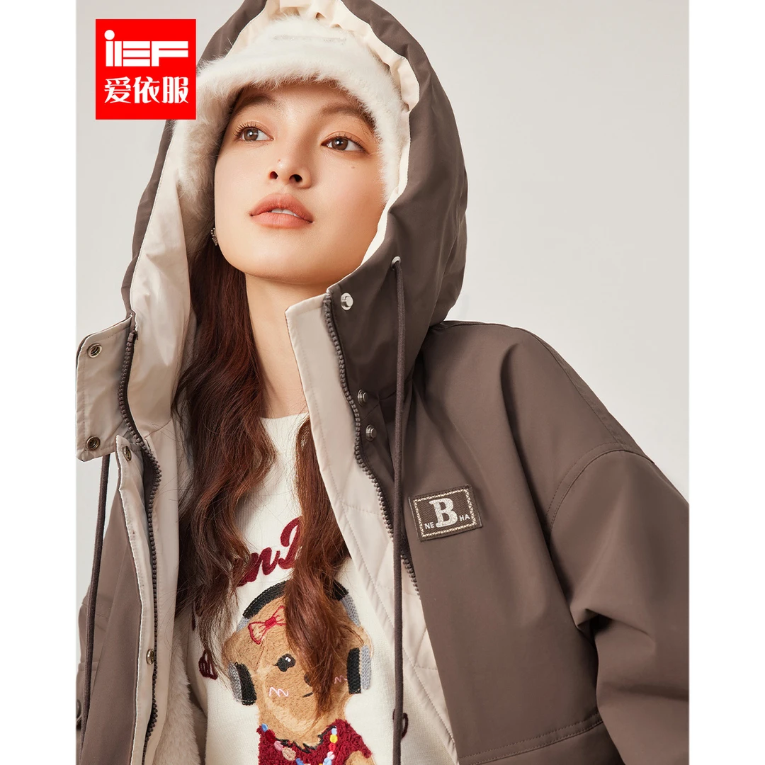 IEF/爱依服2025冬季新款美式休闲工装风加绒保暖连帽设计外套