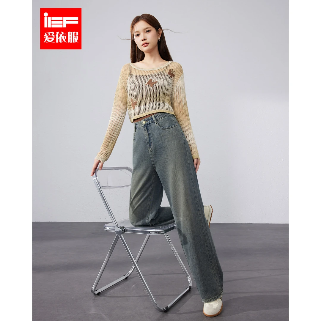 IEF/爱依服2025夏季新款韩版时尚百搭有垂感别致设计牛仔阔腿裤