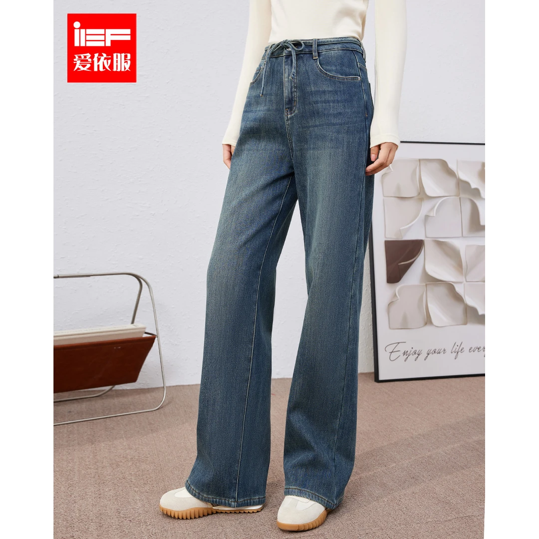 IEF/爱依服裤子2023冬季新款韩版简约设计加绒保暖百搭牛仔阔腿裤