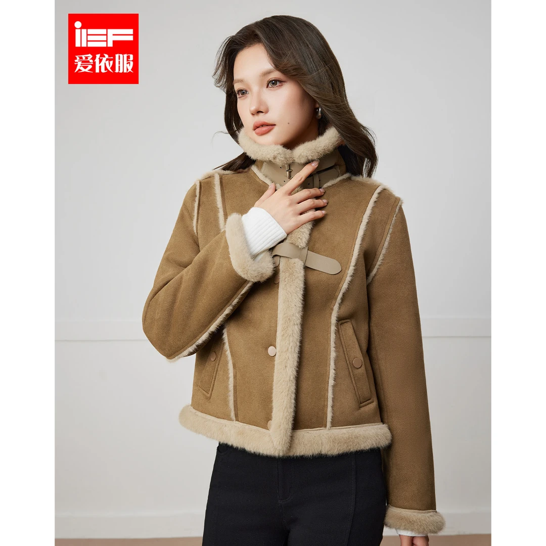 IEF/爱依服2025秋冬新款韩版洋气衣服女通勤加绒磨砂皮外套流光风