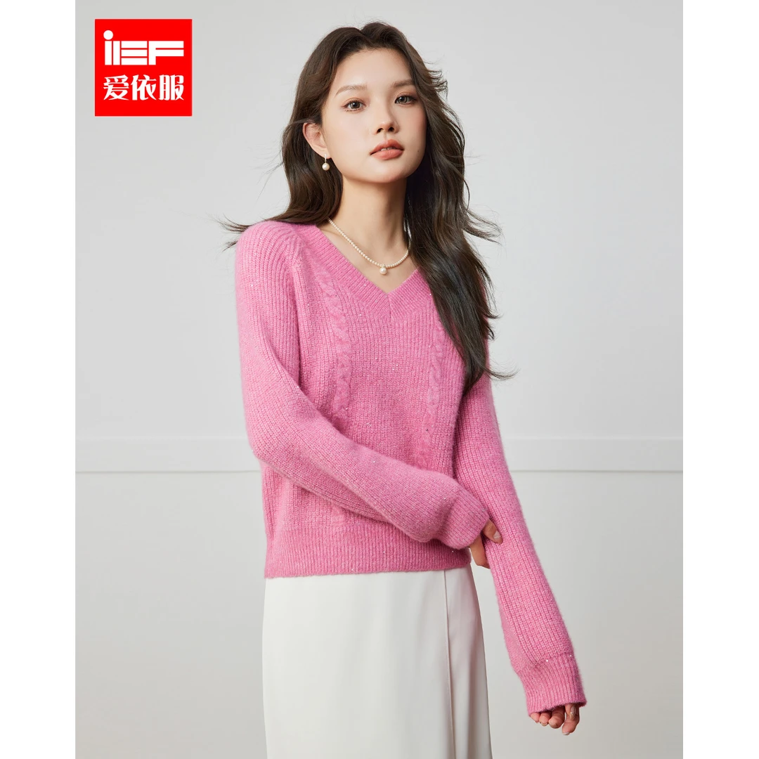 IEF/爱依服2025秋季新款韩系风时尚V领小众设计通勤百搭毛织上衣