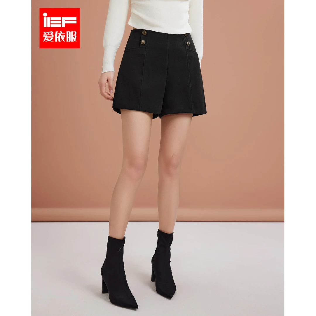 IEF/爱依服裤子2025冬季新款韩版通勤气质高腰百搭显腿长呢绒短裤