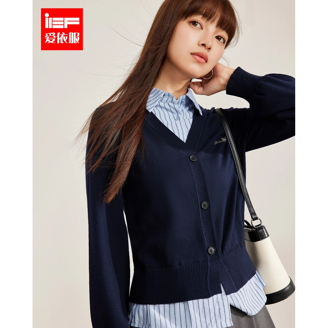 IEF/爱依服2025春季新款韩版学院风假两件设计通勤百搭毛织上衣