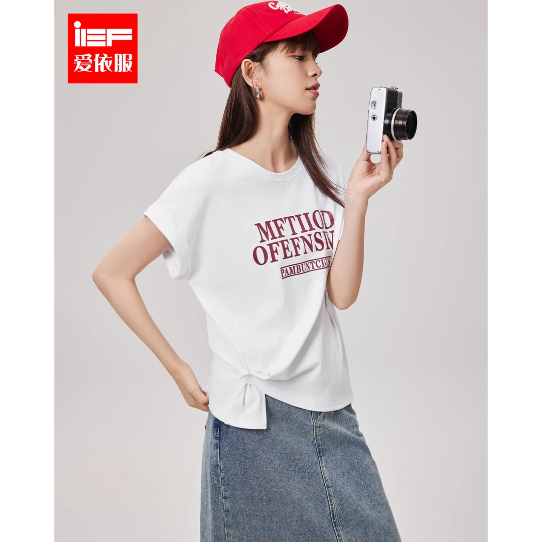 IEF/爱依服2024夏季新款别致字母印花设计时尚修身通勤百搭棉T恤