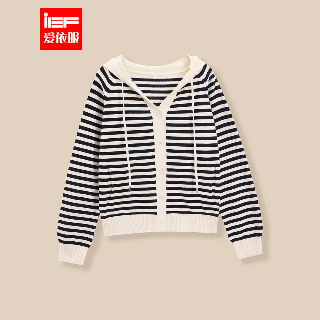 IEF/爱依服2025秋季新款韩版时尚休闲风条纹连帽设计通勤毛织外套