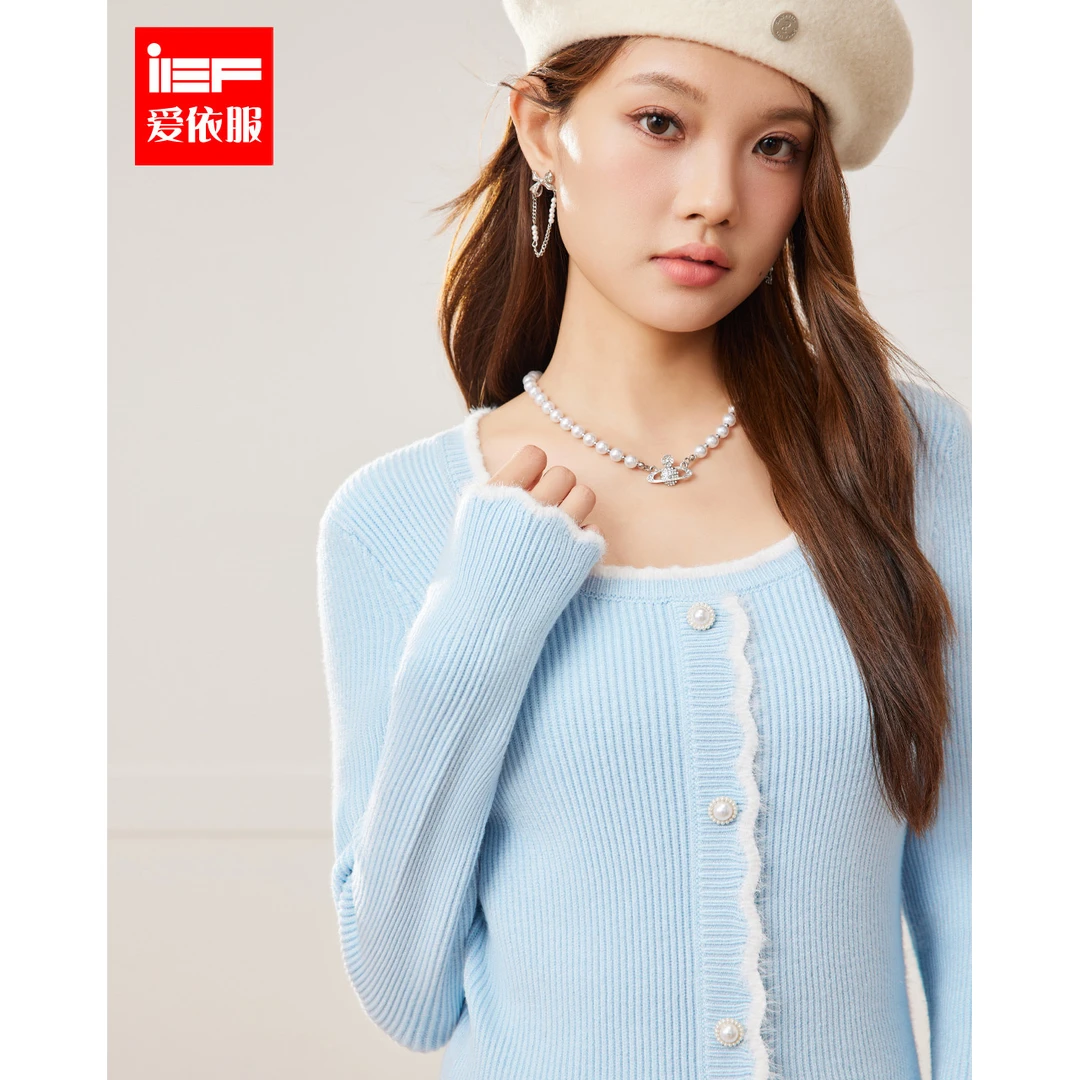 IEF/爱依服2024秋季新款法式小众设计感高级修身显瘦方领毛织上衣
