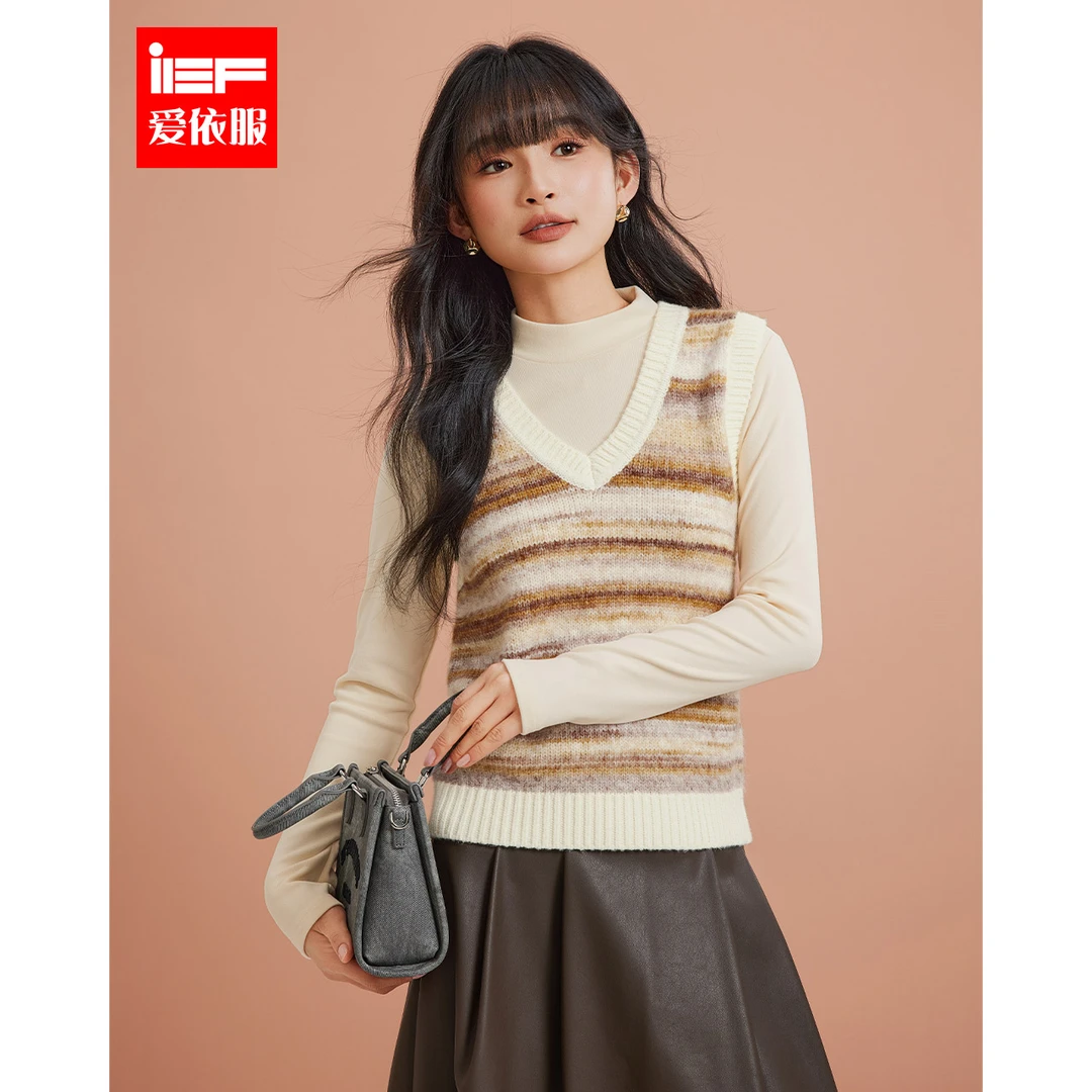 IEF/爱依服2024秋季新款复古条纹时尚叠穿显瘦通勤百搭毛织两件套