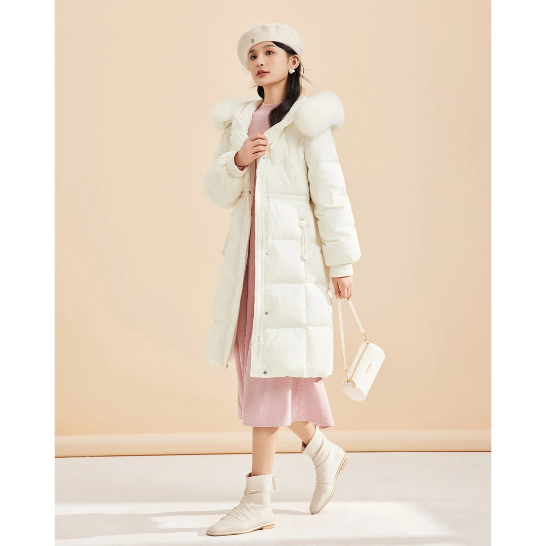 IEF/爱依服狐狸毛白鸭绒羽绒长款外套2025冬季新款简约大方通勤风