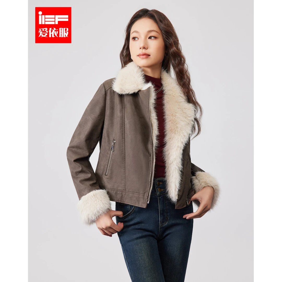 IEF/爱依服2025冬季新款美式潮酷个性机车风加绒保暖亮面皮外套