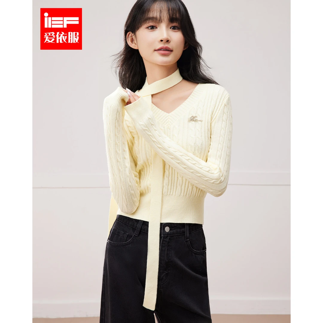 IEF/爱依服2025秋季新款法式复古V领时尚韩版套头软糯毛织上衣
