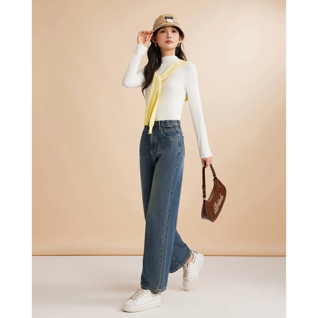 IEF/爱依服长裤2025冬季新款简约通勤加绒保暖牛仔阔腿裤流光风