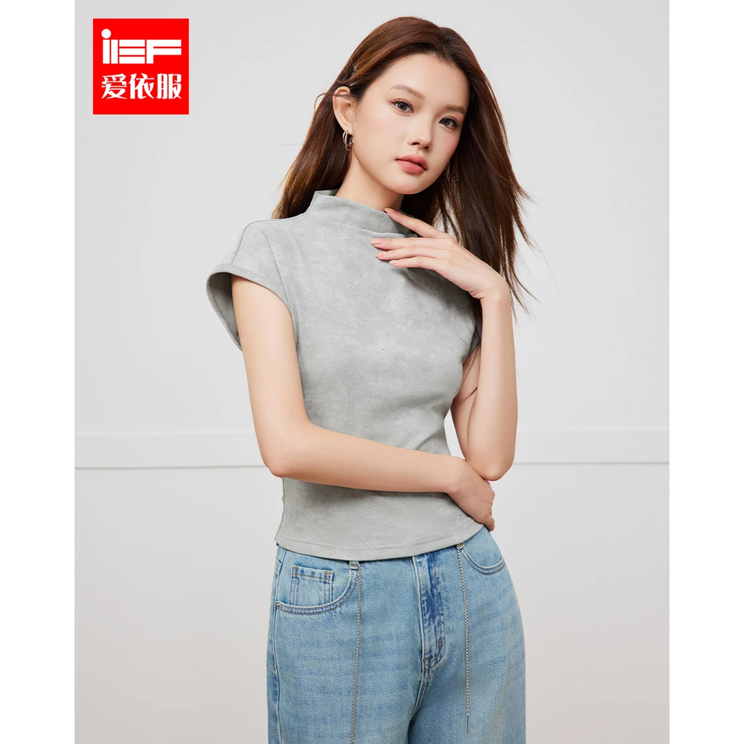 IEF/爱依服2024夏季夏季新款半高领设计感气质独特绝美修身棉上衣