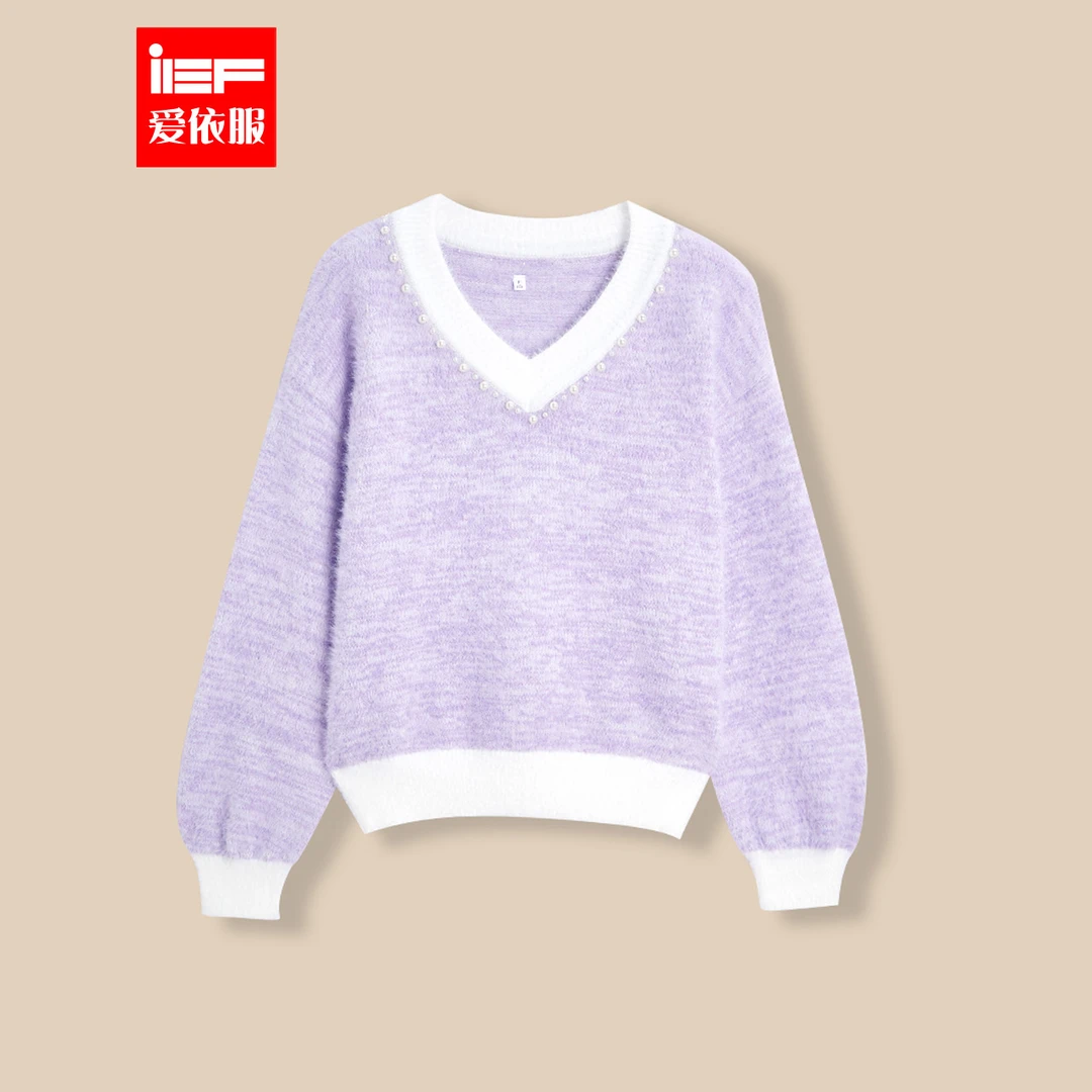 IEF/爱依服2025秋季新款时尚甜美宽松气质V领休闲百搭毛织上衣