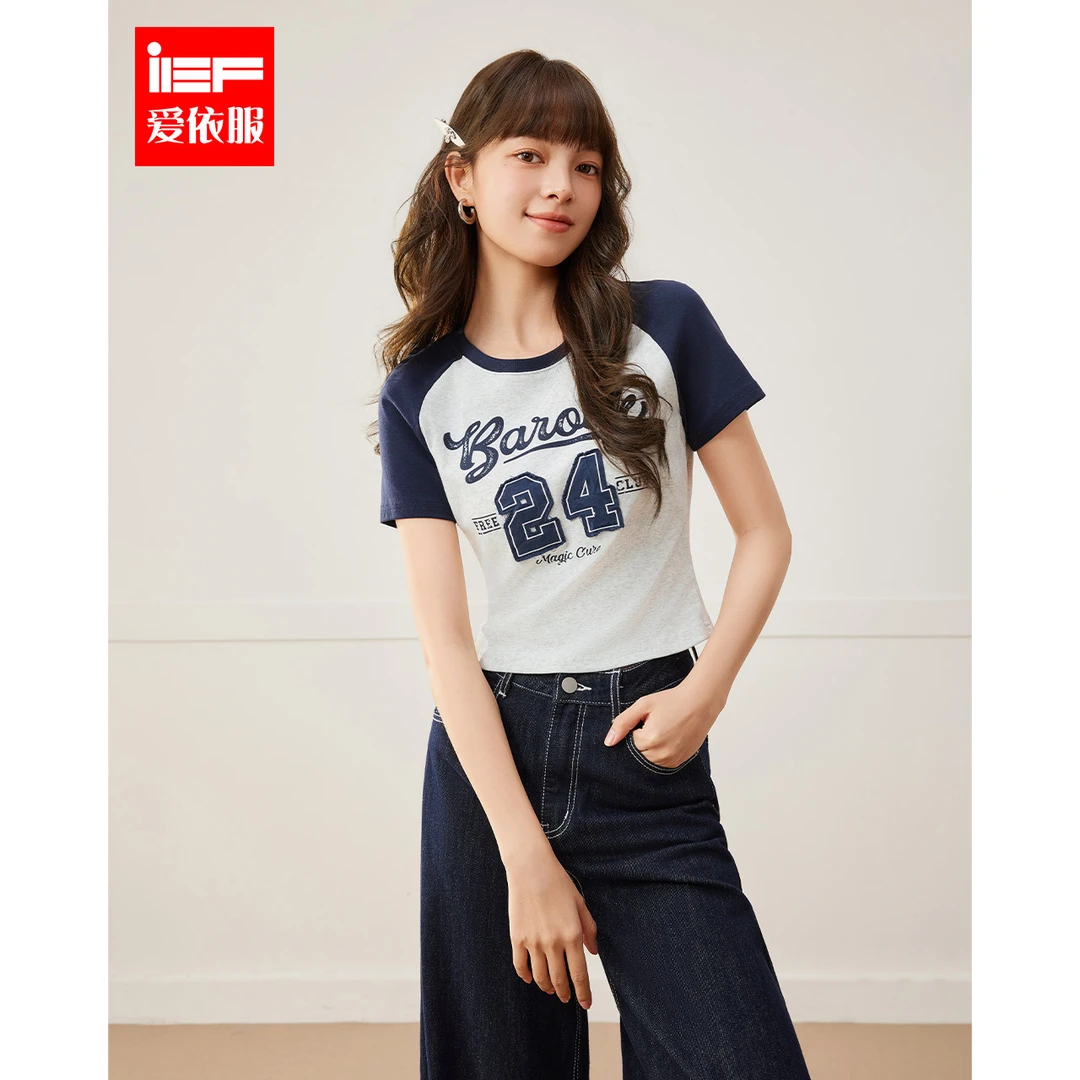 IEF/爱依服2025春夏新款别致印花辣妹风显瘦别致短款T恤欧若风