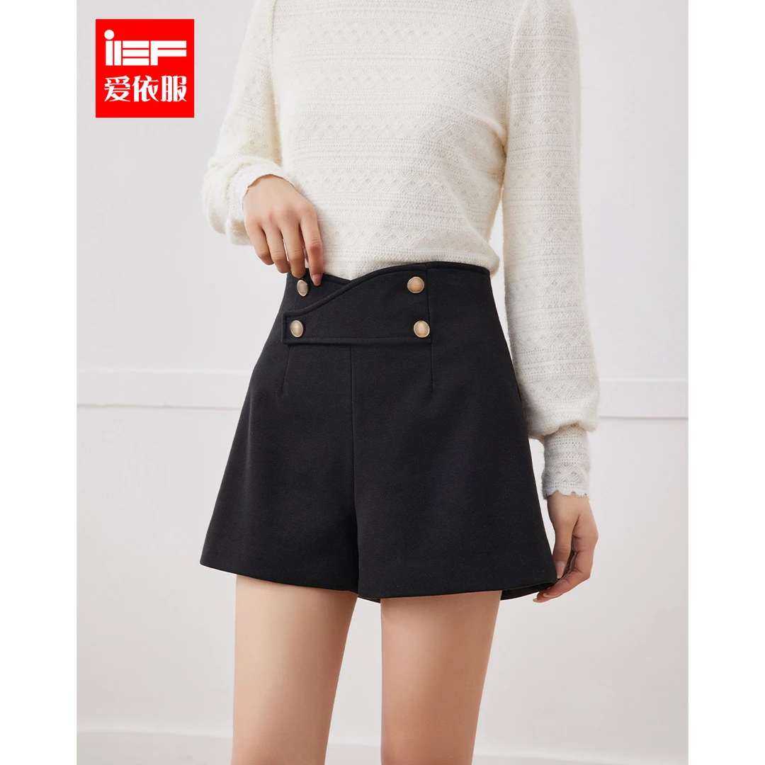 IEF/爱依服2024秋季新款时尚英伦风别致小众设计高腰呢绒短裤