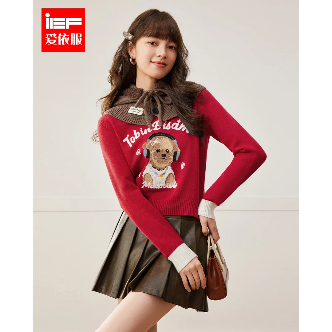 IEF/爱依服2025春季新款时尚圆领甜美百搭别致印花套头毛织上衣