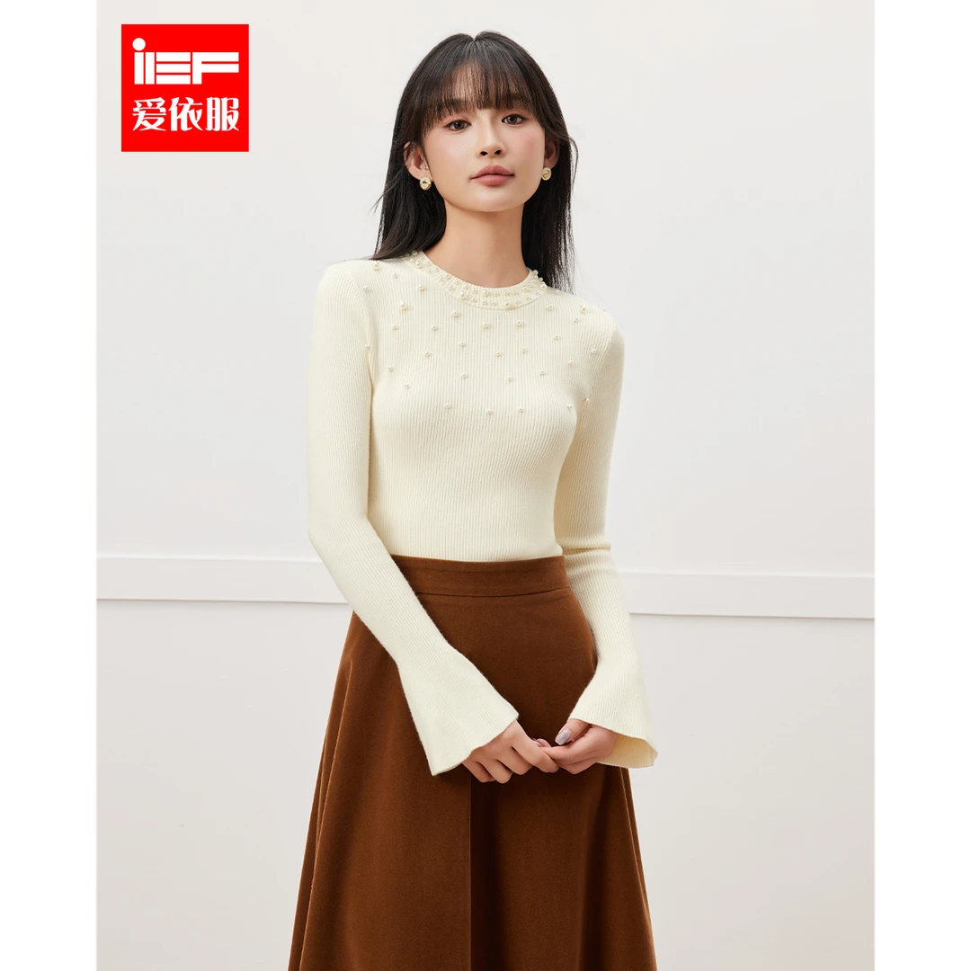 IEF/爱依服2025秋季新款法式名媛重工珍珠微喇叭袖时尚毛织打底衣