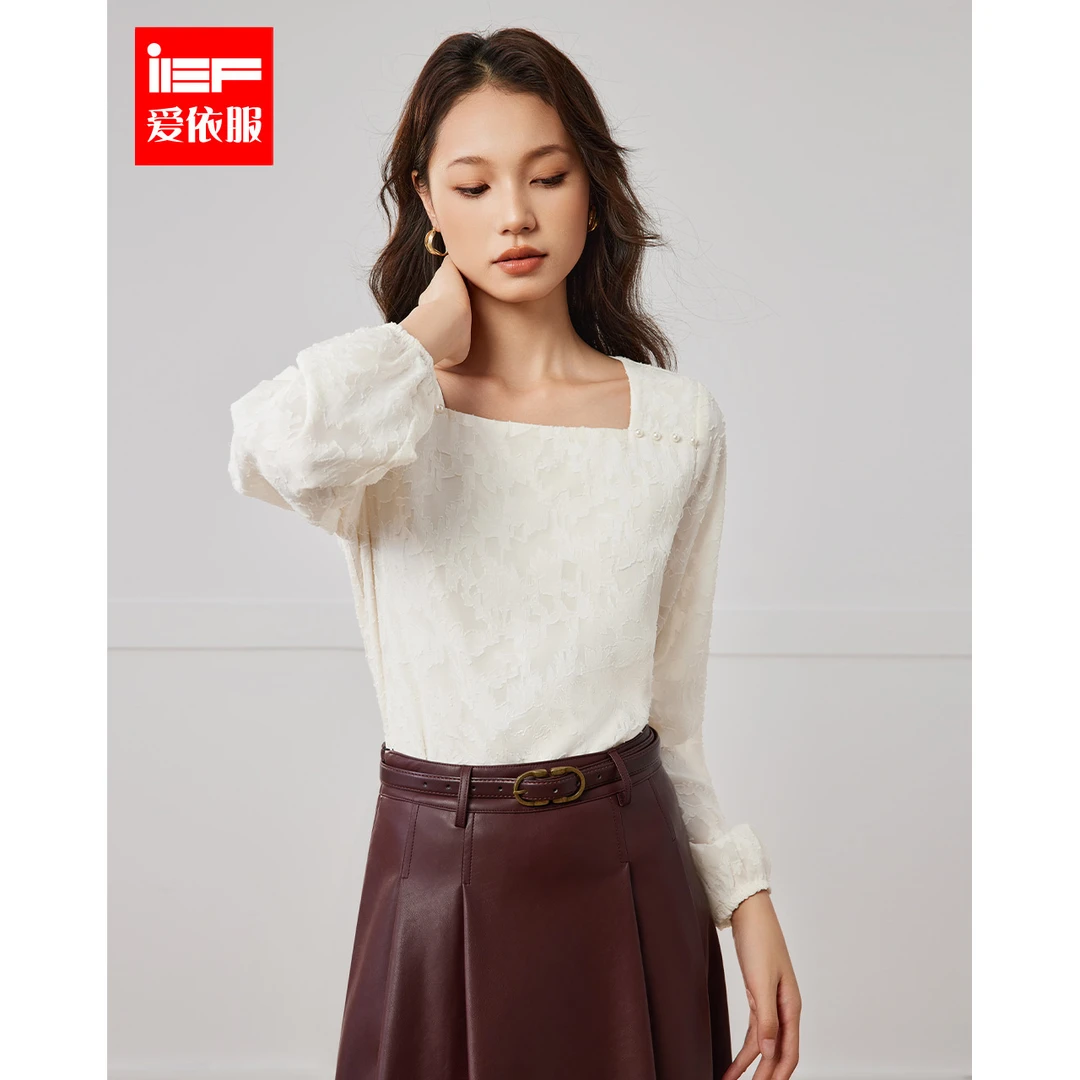 IEF/爱依服2025秋季新款法式温柔气质时尚方领百搭蕾丝上衣