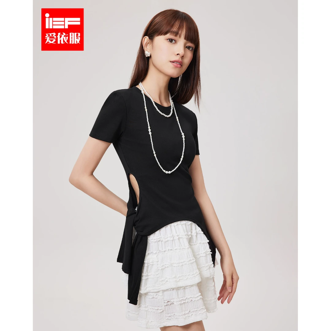 IEF/爱依服2024夏季新款不规则系带开叉设计时尚修身性感棉T恤
