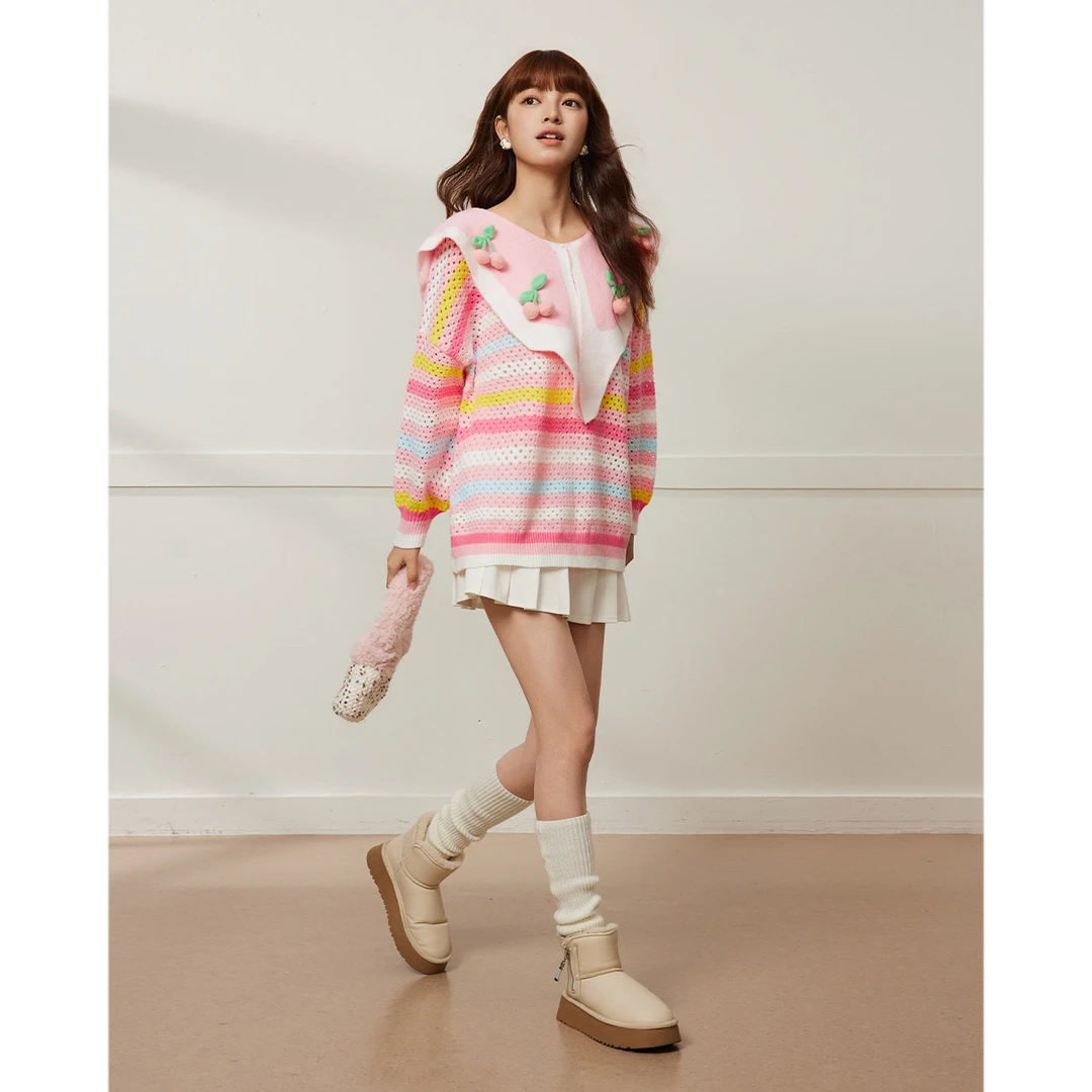 IEF/爱依服2025秋季新款时尚学院风娃娃领洋气设计感毛织中上衣