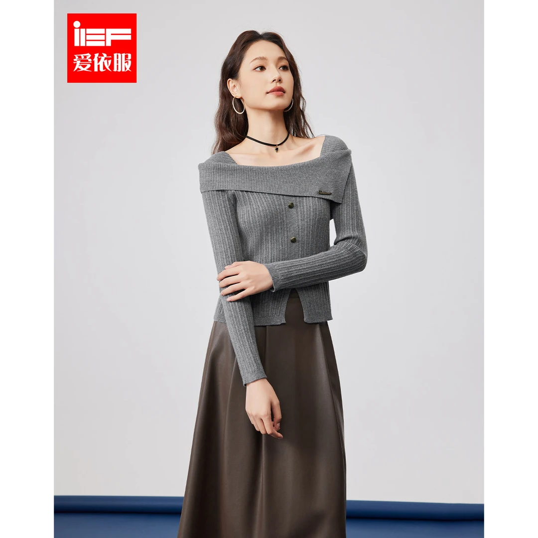 IEF/爱依服2025秋季新款时尚别致设计性感辣妹风修身毛织上衣