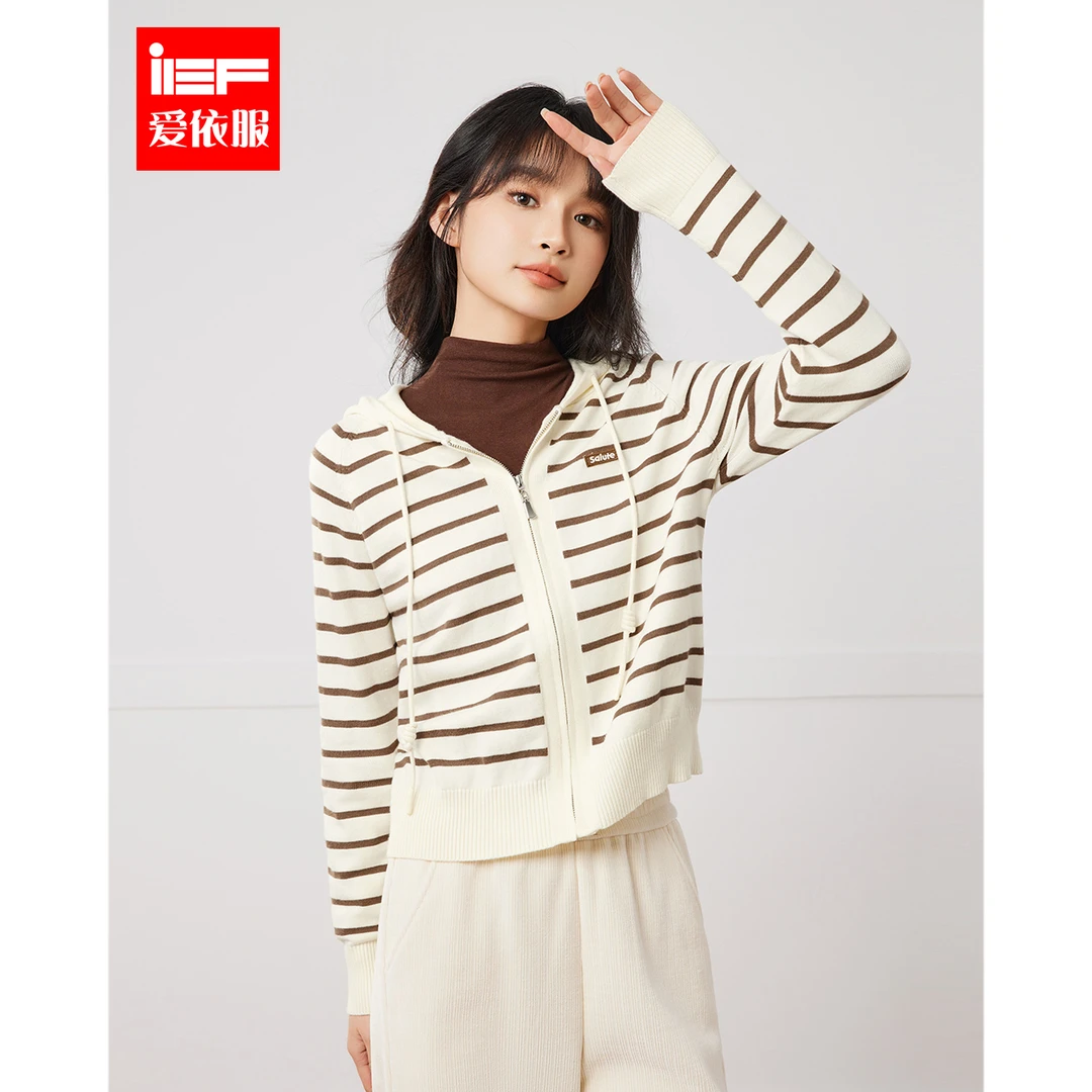 IEF/爱依服2024秋季新款上衣休闲连帽设计条纹时尚毛织卫衣外套