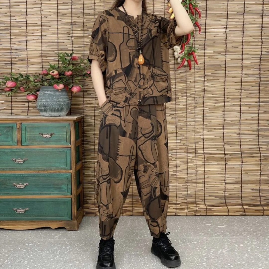 2023新款时尚洋气减龄显瘦休闲上衣裤子两件套宽松复古大码女装