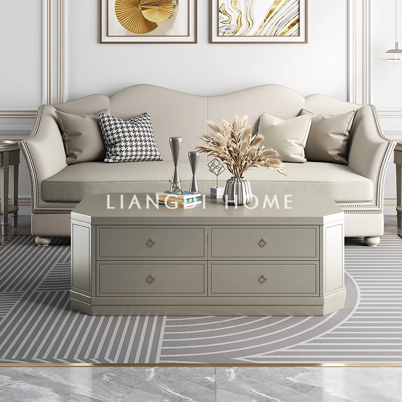 美式轻奢香槟色实木茶几现代简约客厅茶桌储物茶台茶几电视柜组合