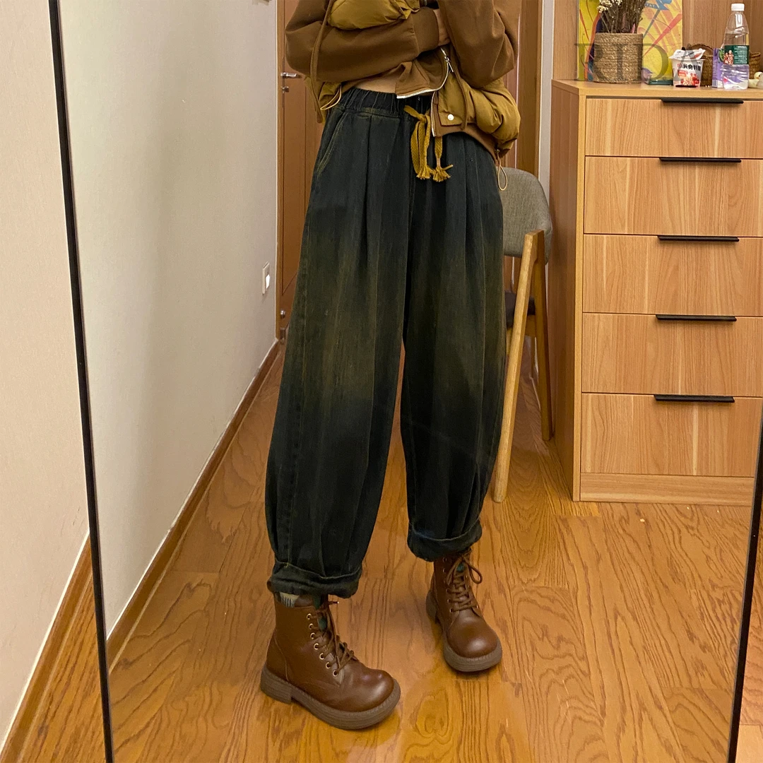 日褡官方旗舰店   抽绳牛仔气球裤复古水洗秋季宽松百搭   10086