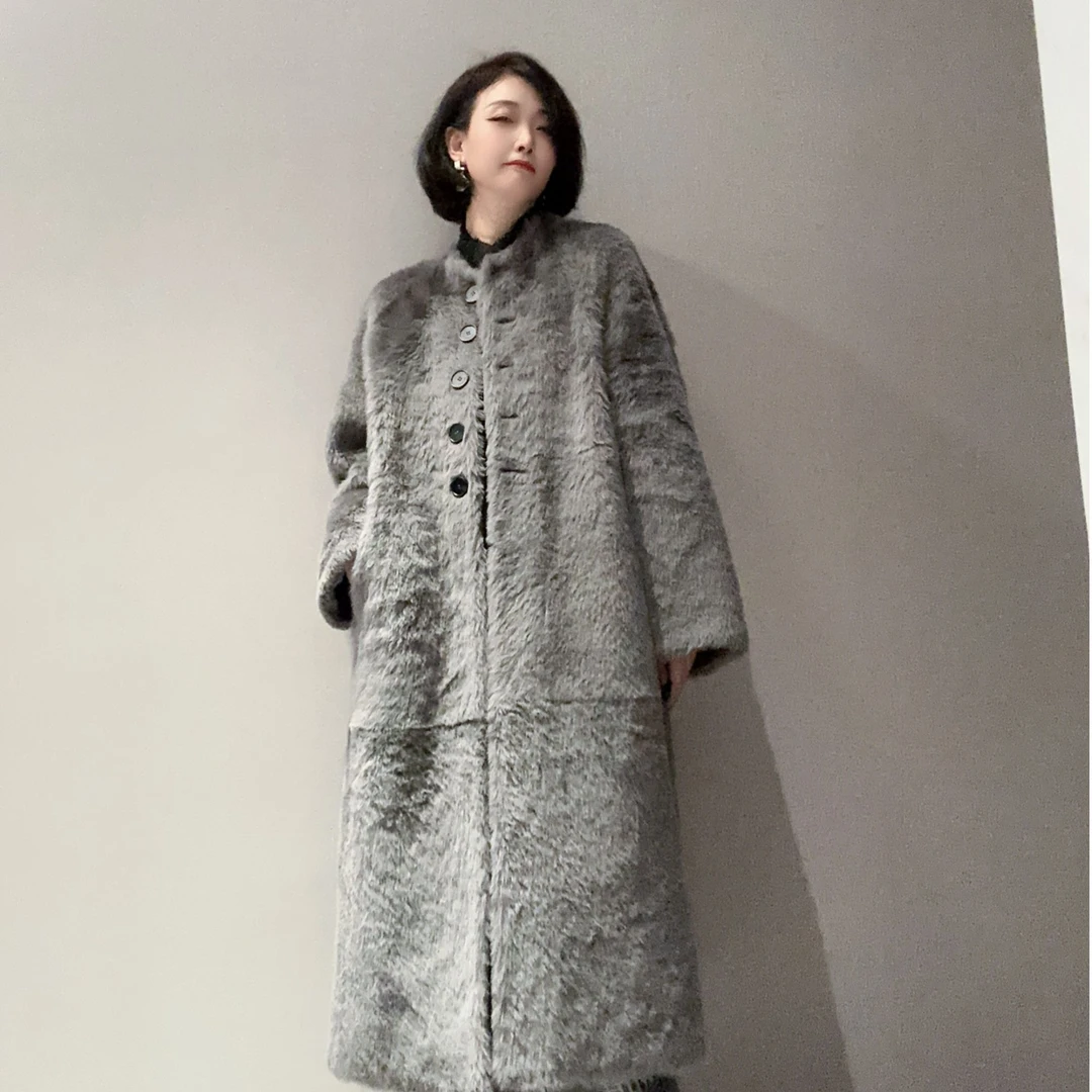 【冷灰】进口拉贡皮毛一体长款外套MC10184