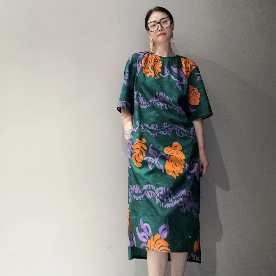 【绿花】进口棉慵懒风半袖中长款连衣裙MD8179