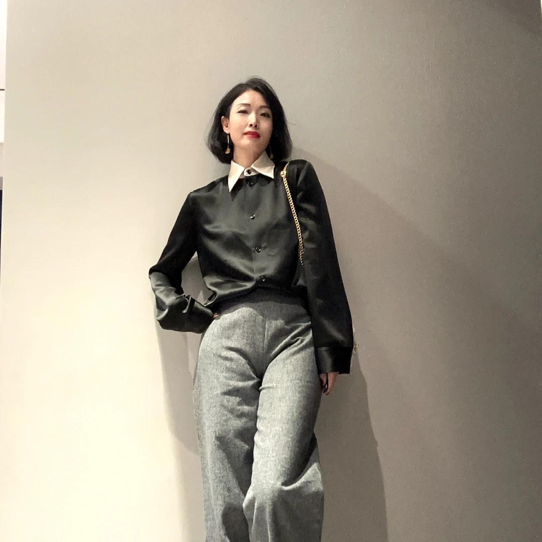 高级醋酸缎时尚衬衫拼色领简约百搭衬衣MT9036