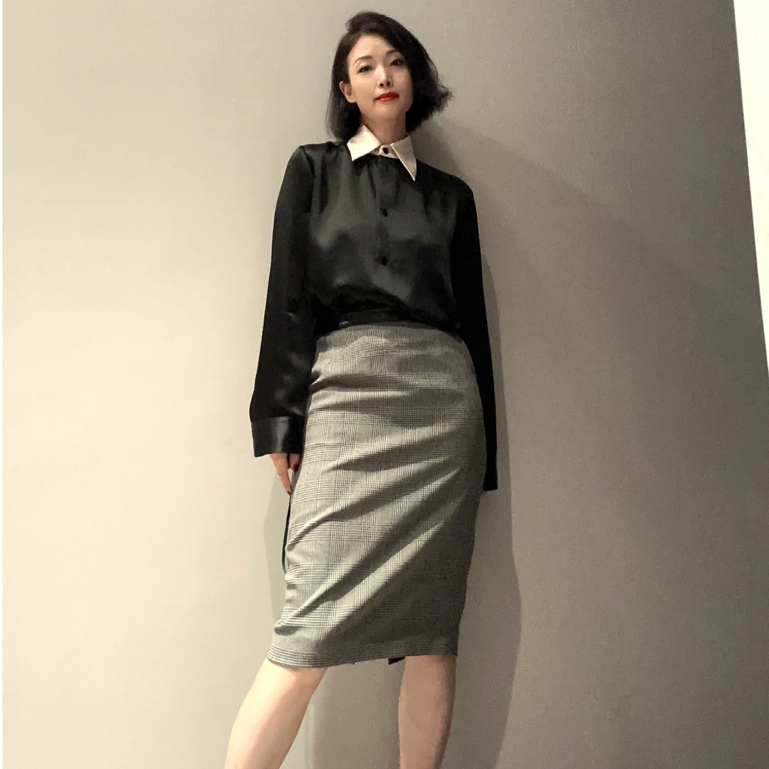 进口羊毛格子拼皮半身包臀裙MS9028