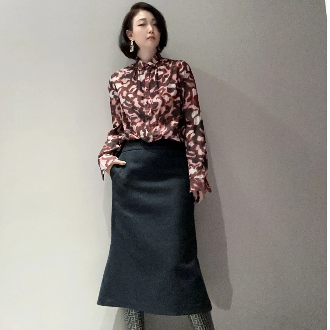 意大利进口高级深灰蓝毛呢鱼尾半裙MS10130