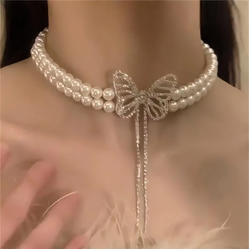 合金项链 梦之蝶~珠珠项链2024新爆款蝴蝶结项链轻奢小众礼服颈链