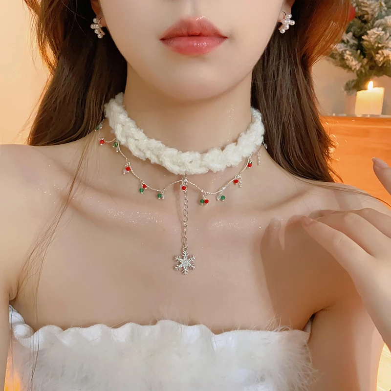 钛钢布艺项链 毛绒choker双层雪花项链毛衣颈链锁骨链圣诞节配饰