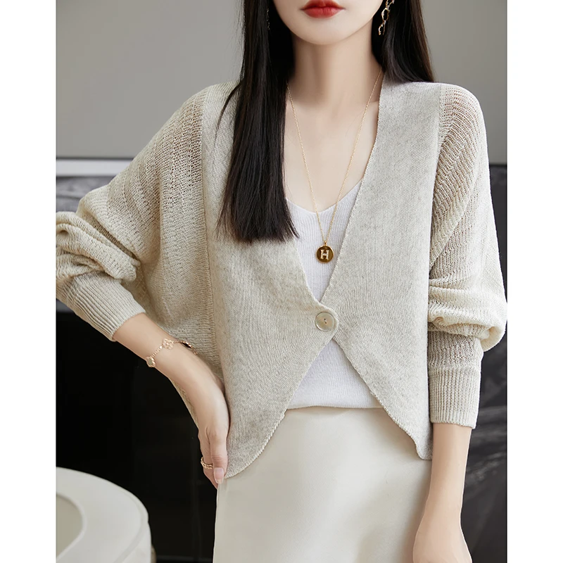 一粒扣天丝亚麻外搭披肩薄款防晒衫宽松慵懒空调衫长袖针织衫外套