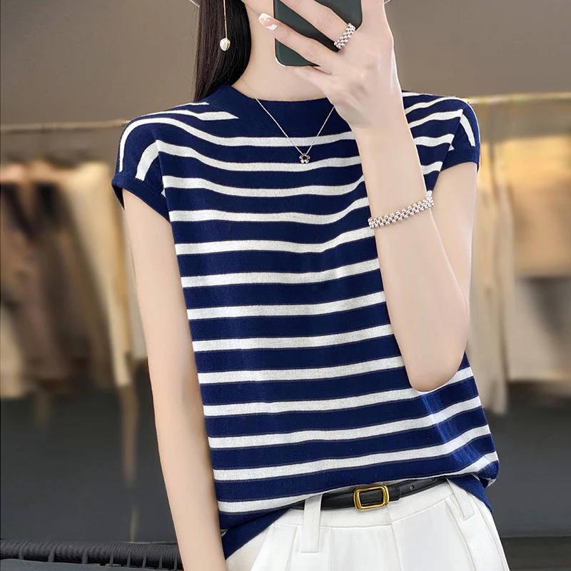 条纹精纺绵羊毛包袖T恤针织衫女装条纹短袖上衣夏季无袖打底背心