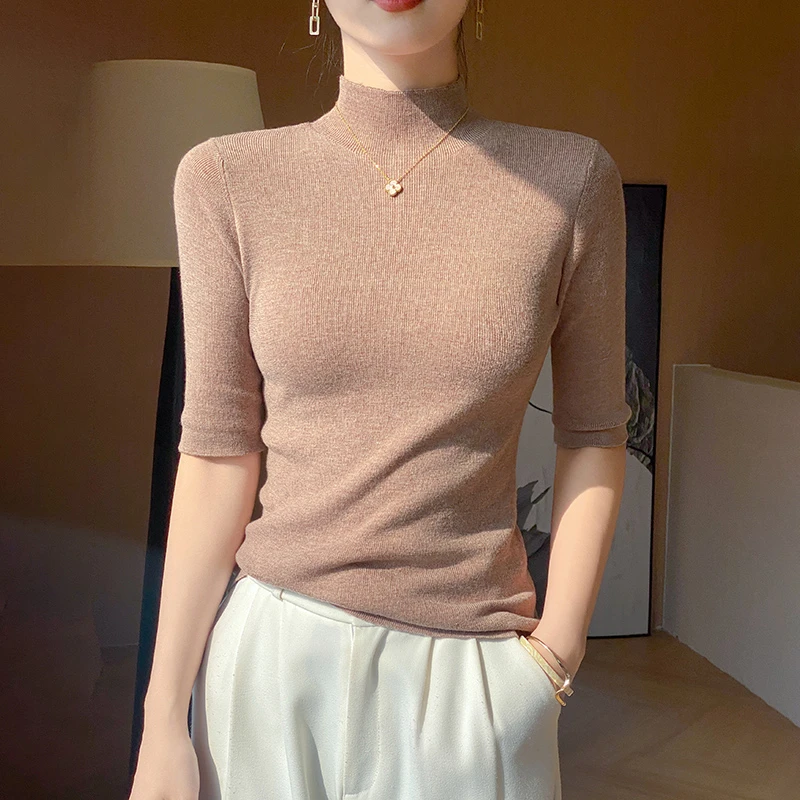 精纺五分袖半高领毛衣100%纯羊毛打底衫女中袖针织衫紧身内搭上衣