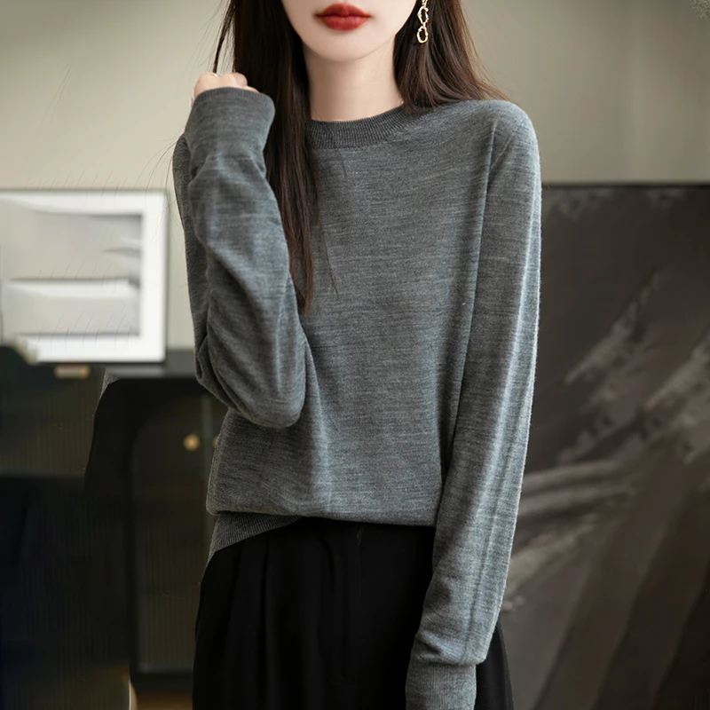 一线成衣精纺100%羊毛圆领宽松长袖针织衫百搭基础打底衫毛衣上衣