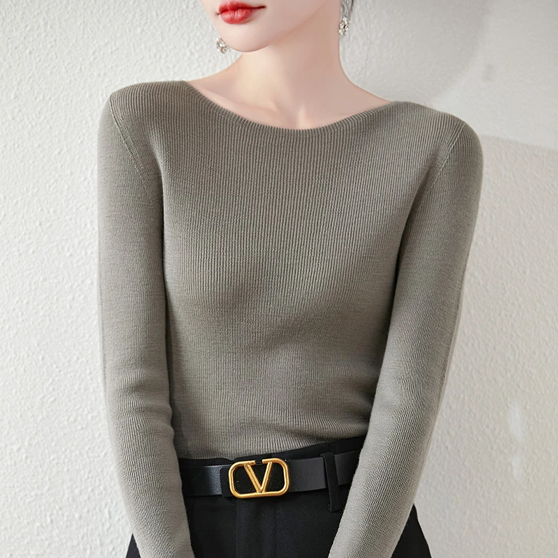 一线成衣精纺100%羊毛一字领抽条紧身打底衫长袖针织内搭毛衣