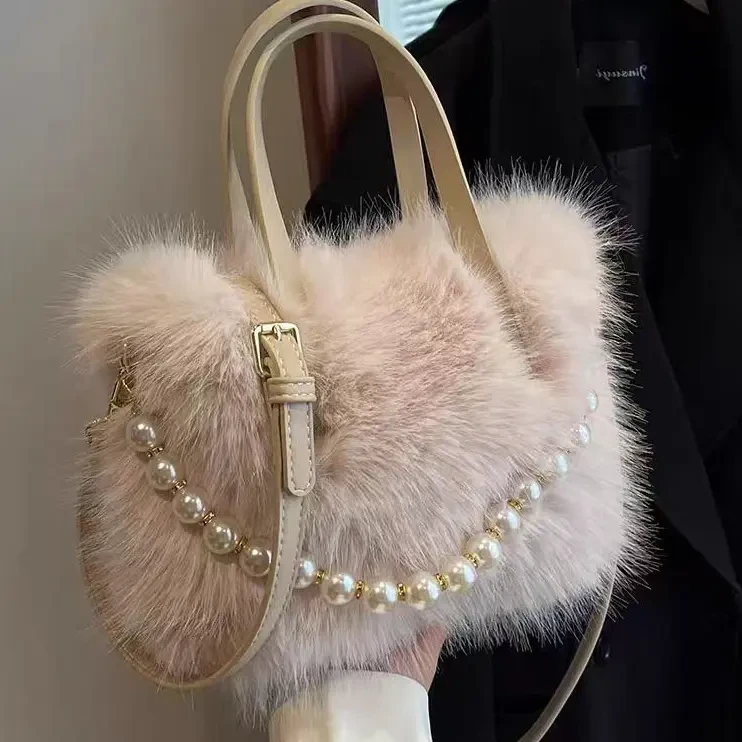 毛茸茸手提包2024新款时尚珍珠毛绒小方包可爱女斜挎通勤单肩包yw