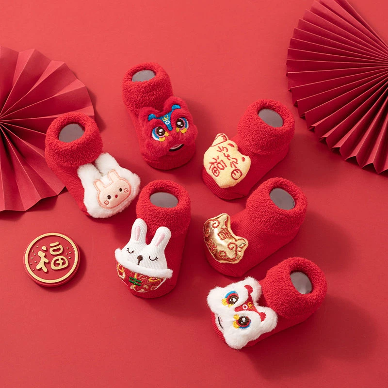 薪年款新生婴儿秋冬款加绒加厚大红色毛圈宝宝新年学步地板袜子yj